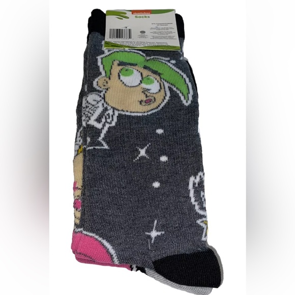 The Fairly Odd Parents! Crew Socks 2 Pair Men 6-12 Black Gray w Cosmo Wanda Nick - Picture 3 of 12